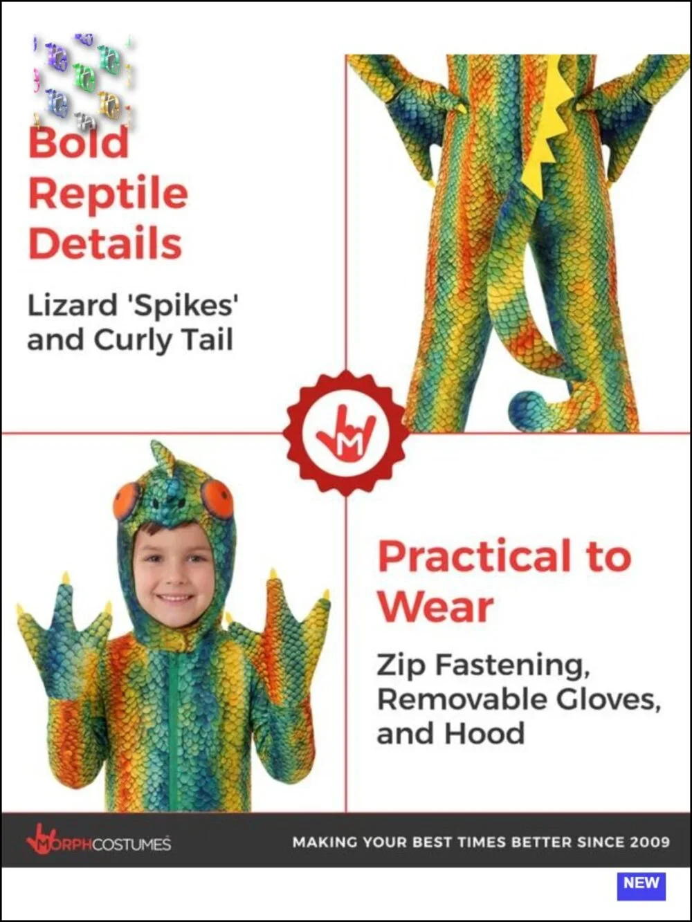 Kids Rainbow Chameleon Costume Set Jumpsuit Hood Spikes Tail Halloween Dress-Up
